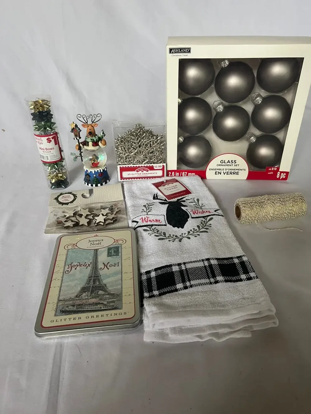 Christmas Decor Craft Lot Cavallini Tin Ashland Ornaments Reindeer NWT Towels